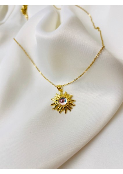 Güneş Figürlü Opal Taşlı Kadın Gold Çelik Kolye | Zarif ve Bohem Tasarım