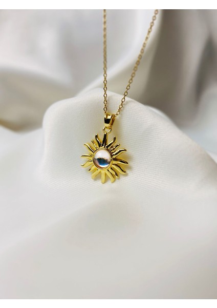 Güneş Figürlü Opal Taşlı Kadın Gold Çelik Kolye | Zarif ve Bohem Tasarım modelleri