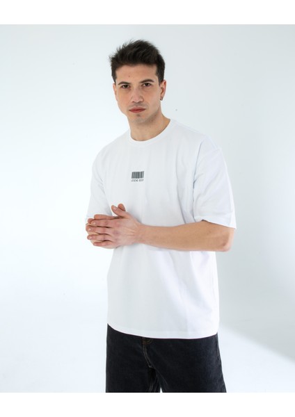 Oversıze Unisex Baskılı T-Shırt Barcode Whıte