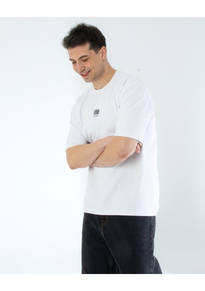 Oversıze Unisex Baskılı T-Shırt Barcode Whıte modelleri