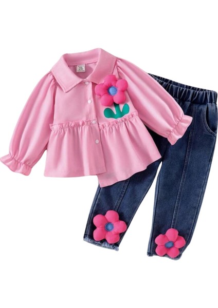 Kız Çocuk Kot Pantalonlu Papatyalı Pembe Takım