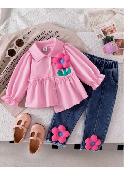 Kız Çocuk Kot Pantalonlu Papatyalı Pembe Takım modelleri