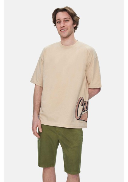 Roscoe Sütlü Kahve Bisiklet Yaka Baskılı Oversize Erkek Tshirt