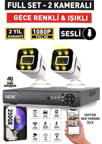 Sesli - 2 Kameralı Fullhd Gece Renkli ve Işıklı Güvenlik Kamerası - Kamera Seti 250GB Disk