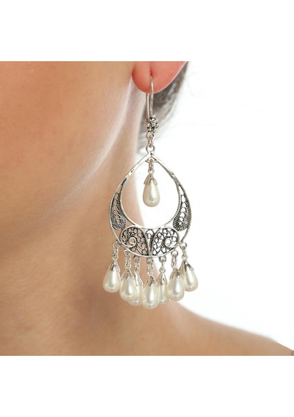 925 Ayar Gümüş Ay Modeli Beyaz İnci Taşlı Küpe