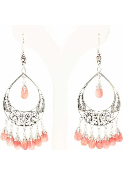 925 Ayar Gümüş Ay Modeli Pembe İnci Taşlı Küpe