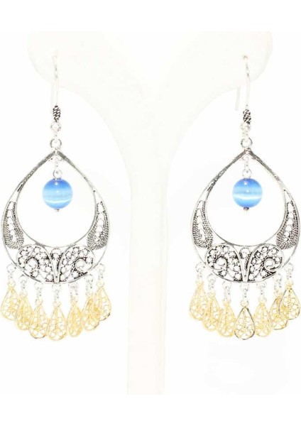 925 Ayar Gümüş Ay Modeli Mavi Kedi Gözü Taşlı Küpe