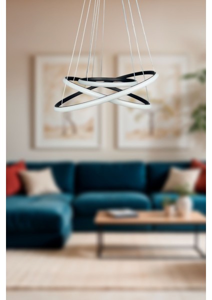 Rings Modern Tasarım Siyah Renk - Yatak Odası - Salon - Çocuk Odası - Mutfak Beyaz LED 3 Lü Avize