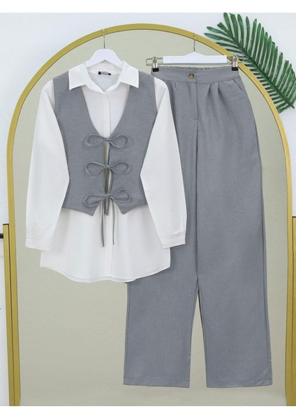 Yeleği Bağcıklı Bol Paça Pantolonlu İkili Keten Takım(Ürüne Gömlek Dahil Değildir)