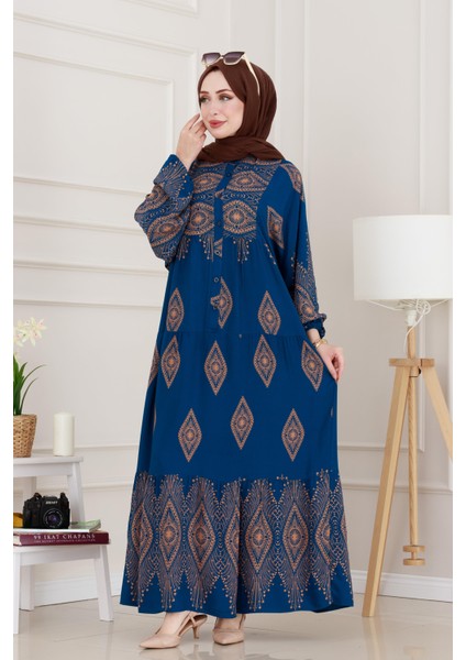 Yarım Düğmeli Robalı Hira Elbise-Indigo fiyatları
