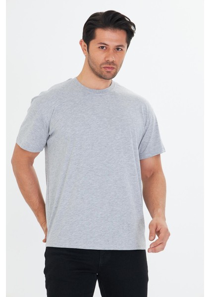 Erkek Pamuklu Bisiklet Yaka Oversize Tişört Gri 5015-G