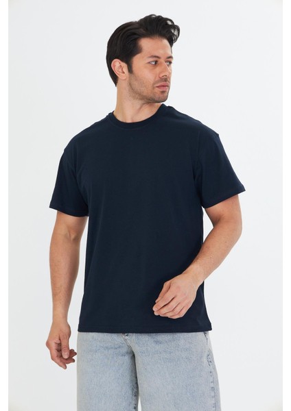 Erkek Pamuklu Bisiklet Yaka Oversize Tişört Lacivert 5015-L