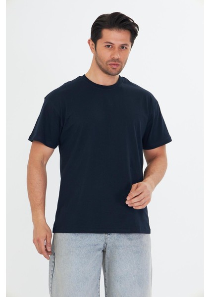 Erkek Pamuklu Bisiklet Yaka Oversize Tişört Lacivert 5015-L fırsatları