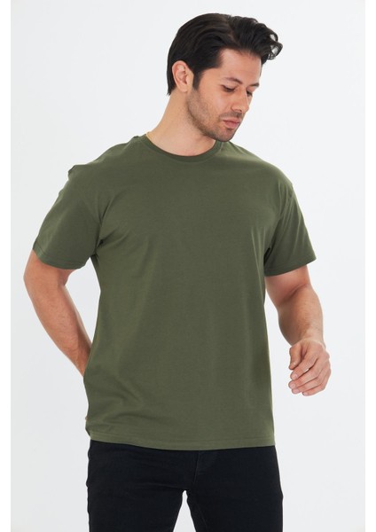 Erkek Pamuklu Bisiklet Yaka Oversize Tişört Haki 5015-H