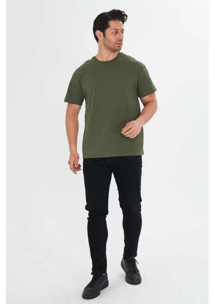 Erkek Pamuklu Bisiklet Yaka Oversize Tişört Haki 5015-H