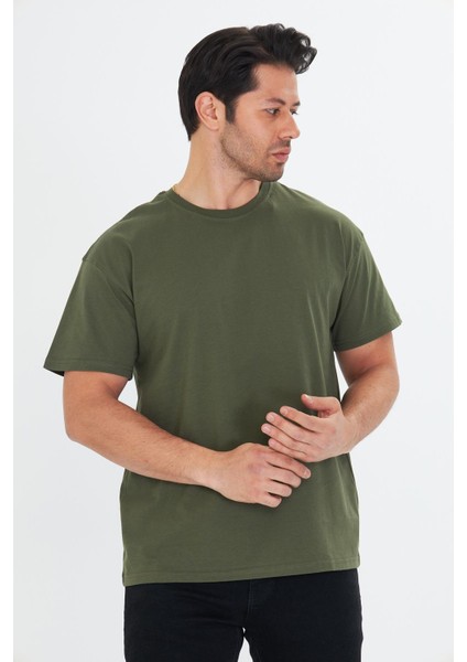 Erkek Pamuklu Bisiklet Yaka Oversize Tişört Haki 5015-H