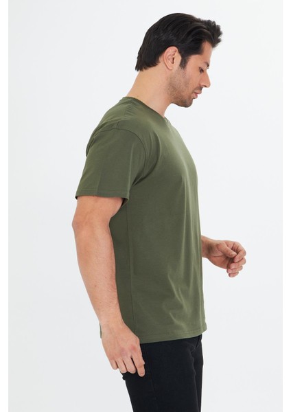 Erkek Pamuklu Bisiklet Yaka Oversize Tişört Haki 5015-H