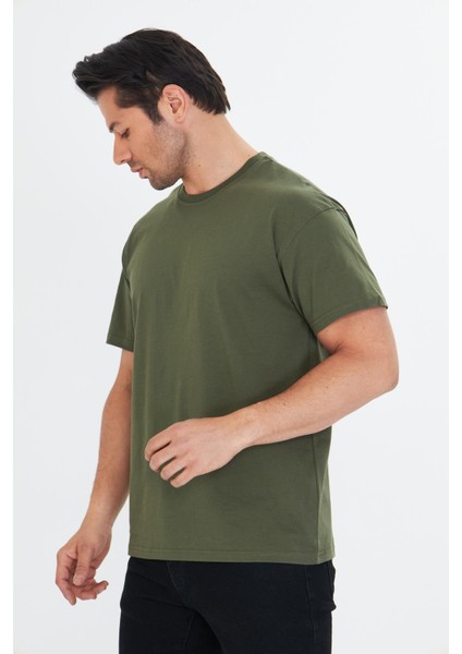 Erkek Pamuklu Bisiklet Yaka Oversize Tişört Haki 5015-H