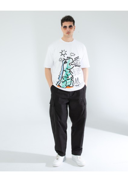 Oversıze Unisex Baskılı T-Shırt Dıno Whıte