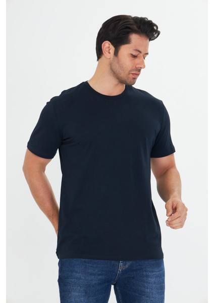 Erkek Pamuklu Bisiklet Yaka Tişört Lacivert 5014-L