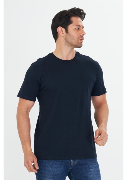 Erkek Pamuklu Bisiklet Yaka Tişört Lacivert 5014-L fiyatları