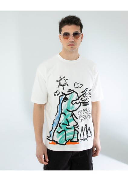 Oversıze Unisex Baskılı T-Shırt Dıno Ecrou