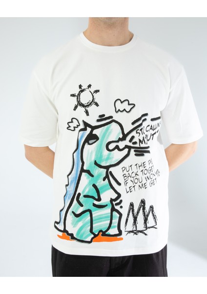 Oversıze Unisex Baskılı T-Shırt Dıno Ecrou fiyatları