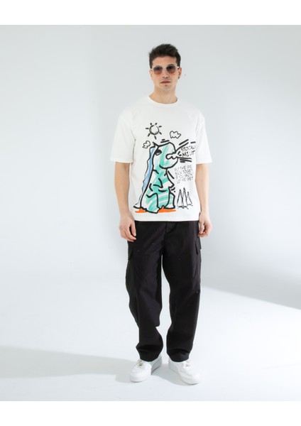 Oversıze Unisex Baskılı T-Shırt Dıno Ecrou indirimleri