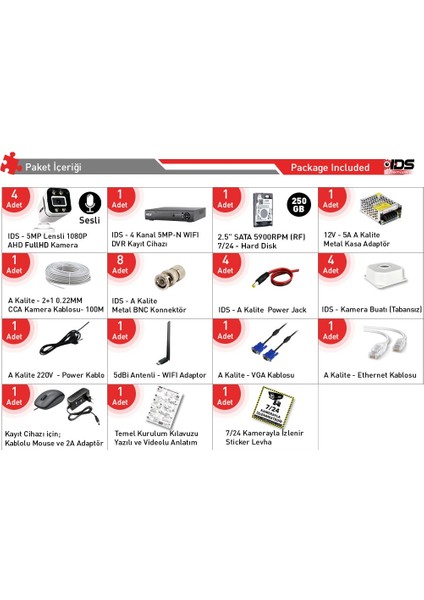 Sesli - 4 Kameralı Fullhd Gece Renkli ve Işıklı Güvenlik Kamerası - Kamera Seti 250GB Disk fiyatları