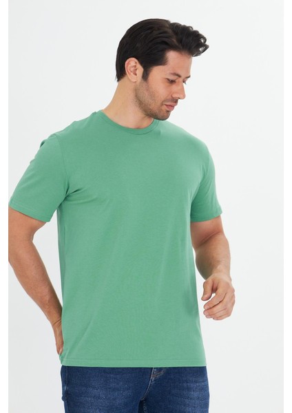 Erkek Pamuklu Bisiklet Yaka Tişört Yeşil 5014-Y