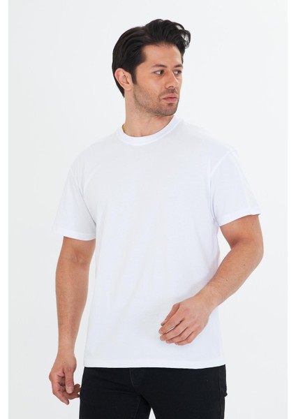 Erkek Pamuklu Bisiklet Yaka Oversize Tişört Beyaz 5015-B