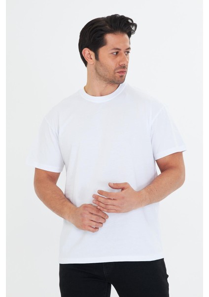 Erkek Pamuklu Bisiklet Yaka Oversize Tişört Beyaz 5015-B fırsatları