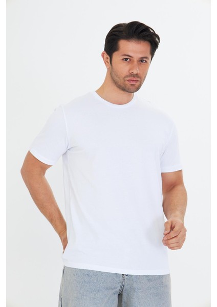 Erkek Pamuklu Bisiklet Yaka Tişört Beyaz 5014-B