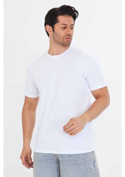 Erkek Pamuklu Bisiklet Yaka Tişört Beyaz 5014-B fiyatları
