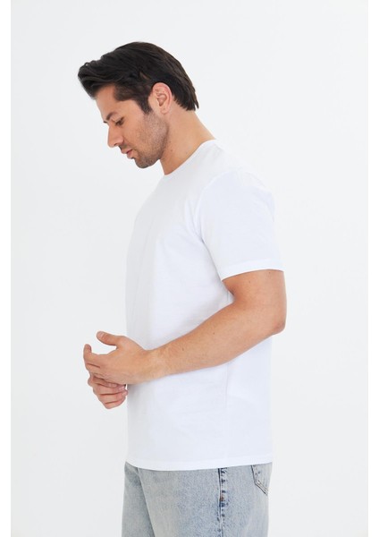 Erkek Pamuklu Bisiklet Yaka Tişört Beyaz 5014-B indirimleri