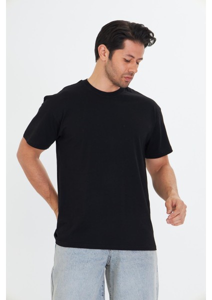 Erkek Pamuklu Bisiklet Yaka Oversize Tişört Siyah 5015-S