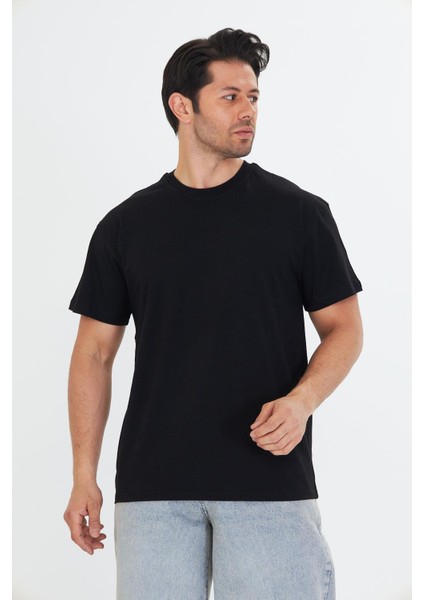 Erkek Pamuklu Bisiklet Yaka Oversize Tişört Siyah 5015-S fiyatları