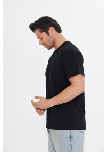 Erkek Pamuklu Bisiklet Yaka Oversize Tişört Siyah 5015-S fırsatları