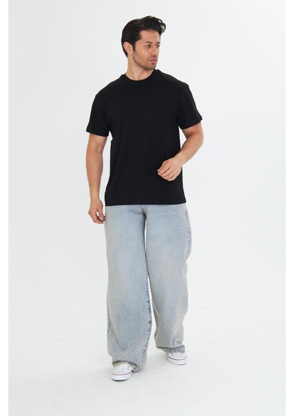 Erkek Pamuklu Bisiklet Yaka Oversize Tişört Siyah 5015-S indirimleri