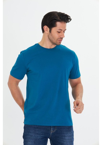 Erkek Pamuklu Bisiklet Yaka Tişört Mavi 5014-M