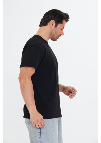 Erkek Pamuklu Bisiklet Yaka Oversize Tişört Siyah 5015-S