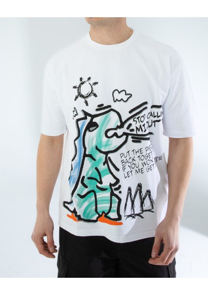 Oversıze Unisex Baskılı T-Shırt Dıno Whıte modelleri