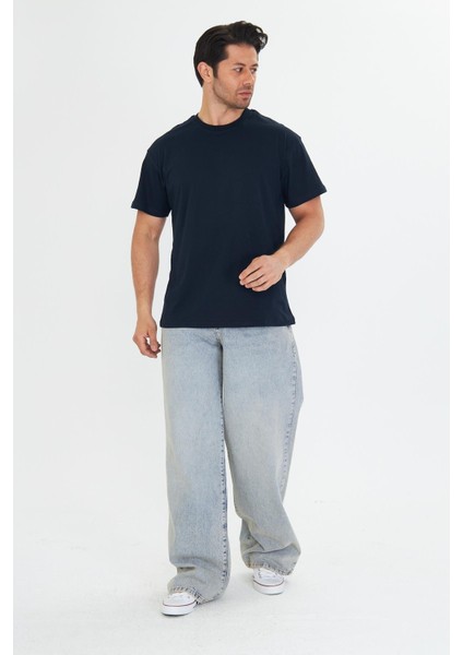 Erkek Pamuklu Bisiklet Yaka Oversize Tişört Lacivert 5015-L