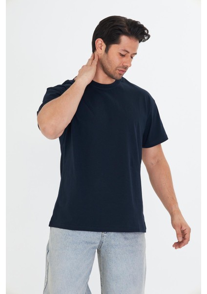 Erkek Pamuklu Bisiklet Yaka Oversize Tişört Lacivert 5015-L