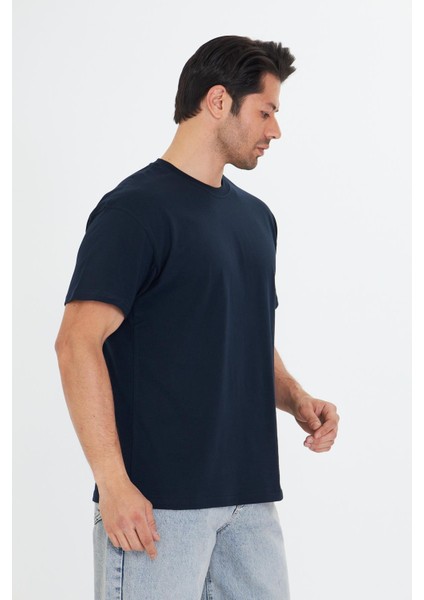 Erkek Pamuklu Bisiklet Yaka Oversize Tişört Lacivert 5015-L