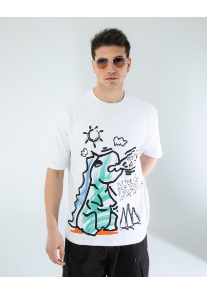 Oversıze Unisex Baskılı T-Shırt Dıno Whıte fırsatları