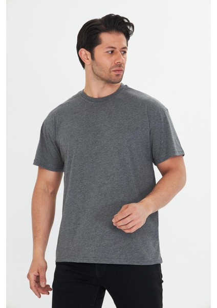 Erkek Pamuklu Bisiklet Yaka Oversize Tişört Antrasit 5015-A