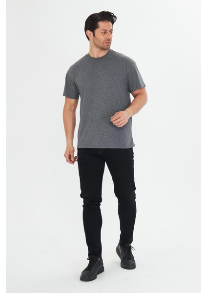 Erkek Pamuklu Bisiklet Yaka Oversize Tişört Antrasit 5015-A fırsatları