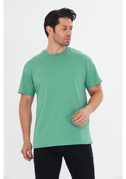 Erkek Pamuklu Bisiklet Yaka Oversize Tişört Yeşil 5015-Y