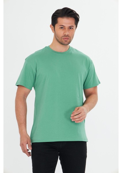 Erkek Pamuklu Bisiklet Yaka Oversize Tişört Yeşil 5015-Y modelleri